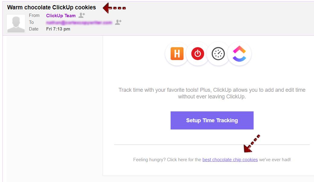 ClickUp welcome email offering warm cookies